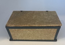 Vintage Antique Rattan Wicker  & Hunter Green Leather Sewing Basket Box 6”