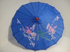 Vtg Silk Parasol Blue Asian Oriental Hand Painted Floral Designs Bamboo Handle