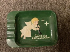 Vintage 1950s Merry Christmas Ceramic Angel Rectangle Hand Made Ashtray