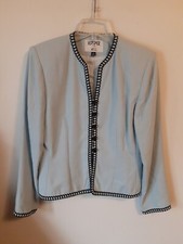 Kasper Women's Size 6 Light Blue Black Embroidered Blazer Jacket Long Sleeve