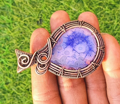Slice Agate Gemstone Designer Pendant Copper Wire Wrap Gift Jewelry 2.5" - Picture 3 of 4