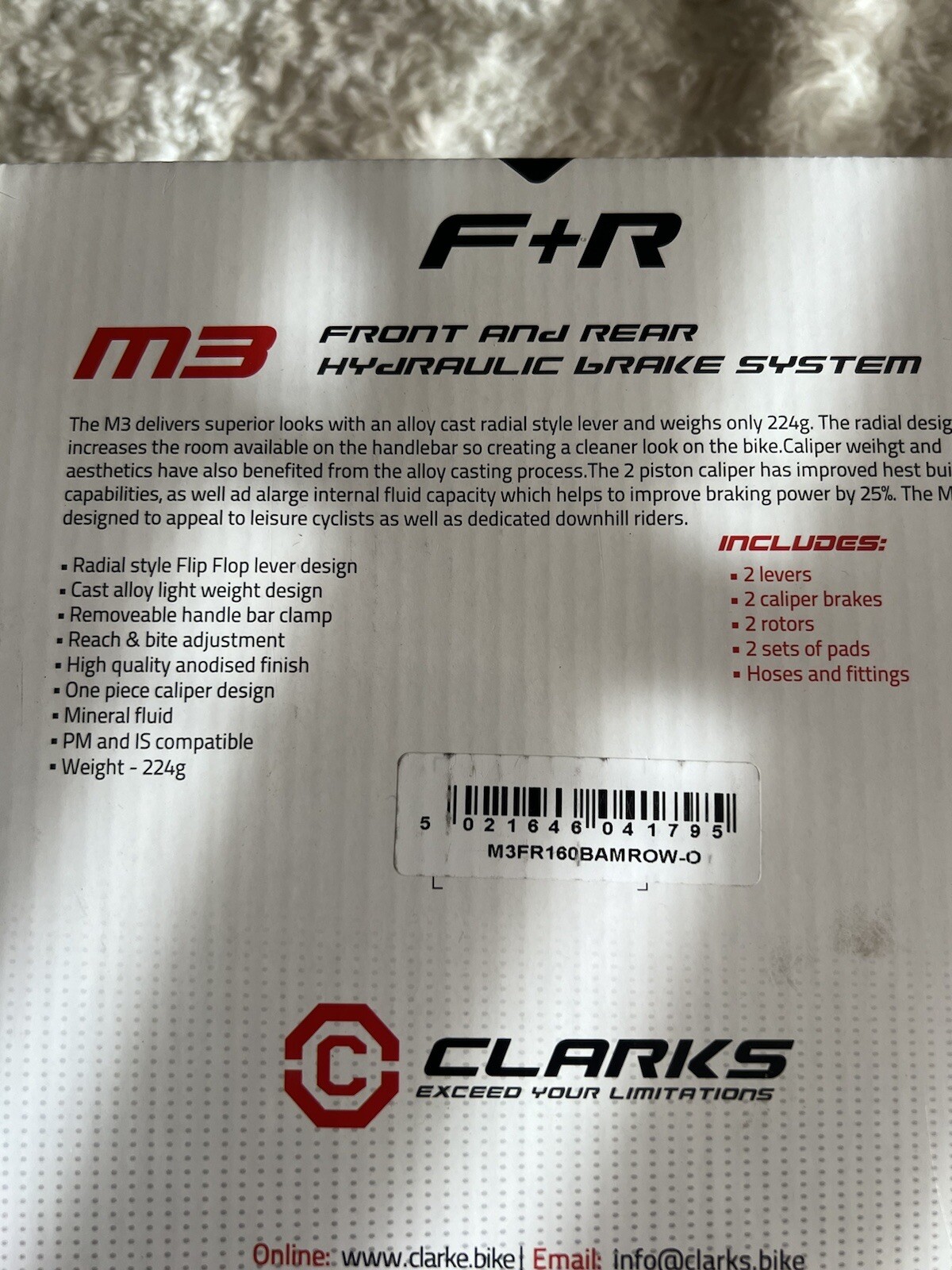 Clarks M3 Front and Rear Hydraulic Bike 2 Piston Disc Brake Set 160mm