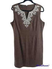 Talbots Size 16 Linen Lined Sleeveless Round Split Neck  Beads Knee Sheath Dress