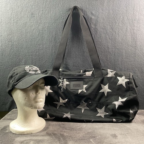Victoria's Secret PINK Black Duffle Bag Silver Stars & Adjustable Hat Bundle Set