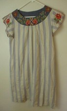 Striped embroidery floral tunic mini dress short sleeve women's L Love M