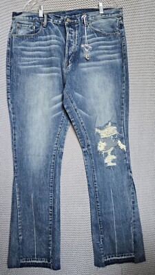 Mnml Flare Denim Jeans Men Sz 36 Blue Distressed Button Fly 