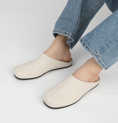 Firenze Atelier Men's Cream Color Leather Slip-on Clogs Mules