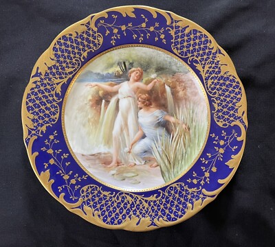 Antique Salvati &Co Venezia cobalt porcelain portrait plate hand painted Italy