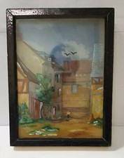 Tableau vintage peinture sur vitres decalées relief paysage village