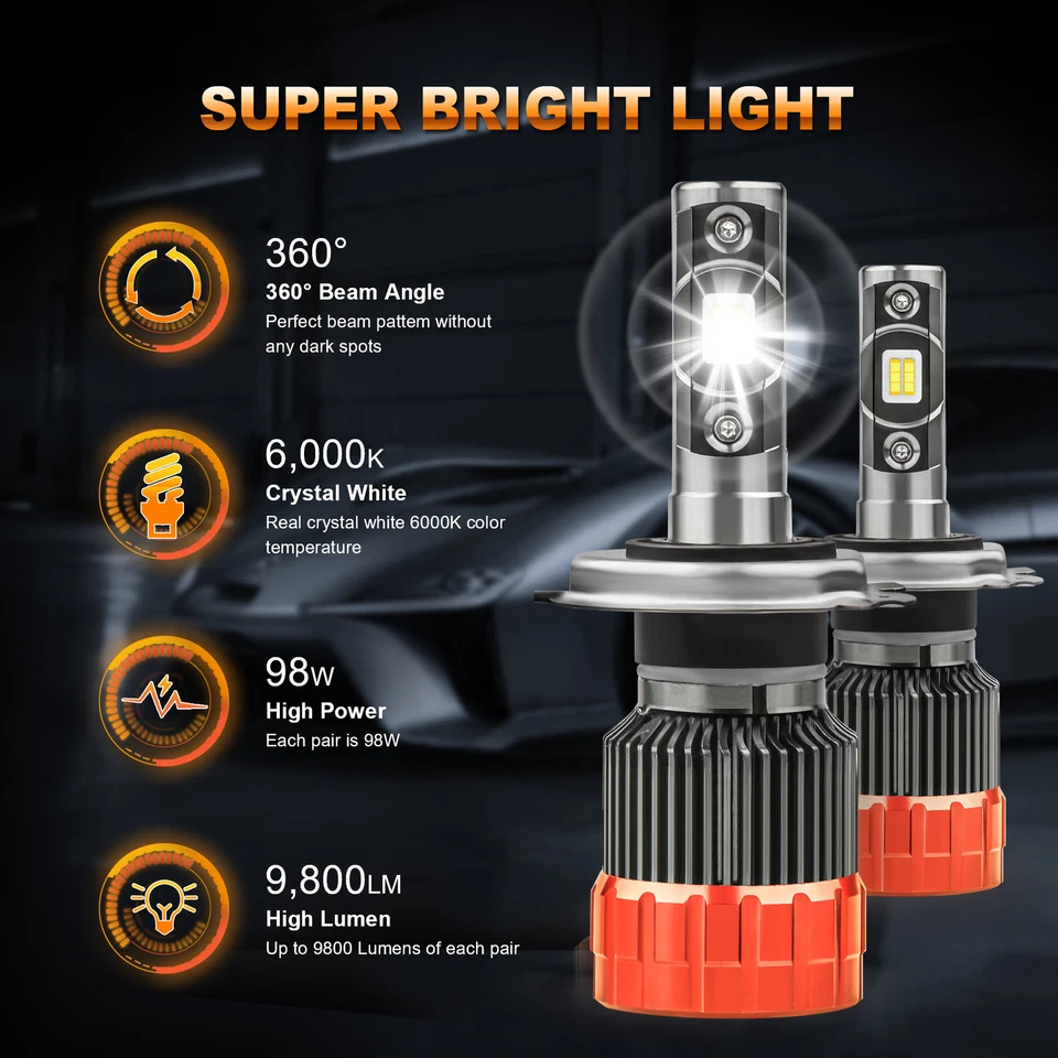 Faro LED MOSTPLUS 9800LM 98W H4 9003 Hi/Lo 6000K Bombillas Blancas con Chip TX1860 Foto 2 de 4