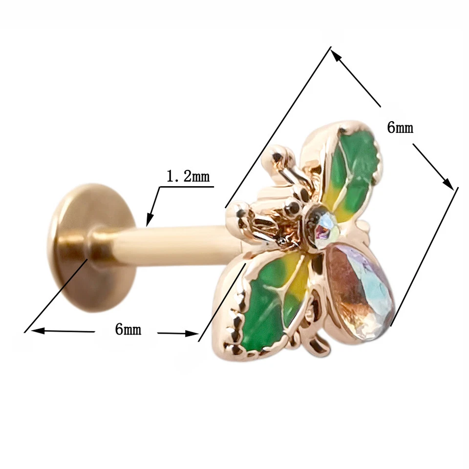 Tapa de fuerza 6/8 mm Acero Inoxidable Labret Tachuelas Abeja Labio Perno Piercing Joyería 16 g Foto 2 de 4