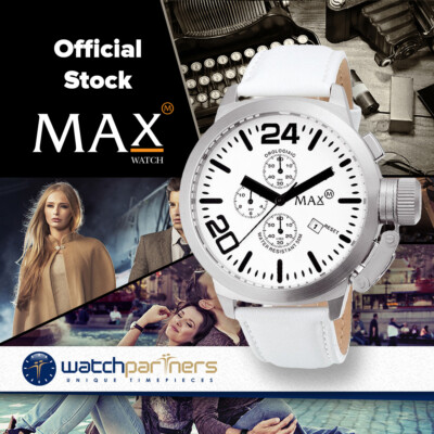 MAX WATCH THE CLASSIC CHRONO 5ATM WHITE DIAL WHITE LEATHER STRAP 