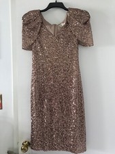 Eliza J Women Sequined Puff-Sleeve Sheath Dress Size 12 Bronze/Gold Color