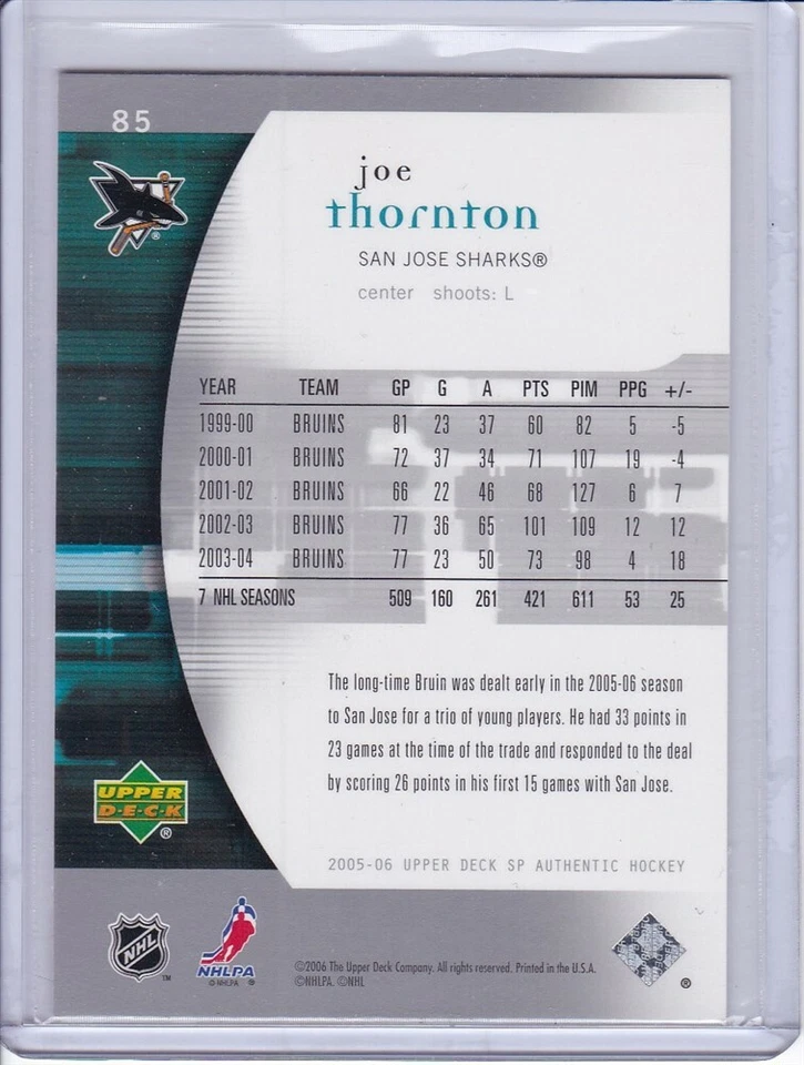 Joe Thornton 2005 SP Authentic Hockey Card 85 Grade MT - Image 2 of 2