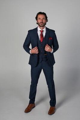 Men's Formal Tweed Herringbone Navy Suit 3PC Wedding Business Tailored Fit  Set | eBay