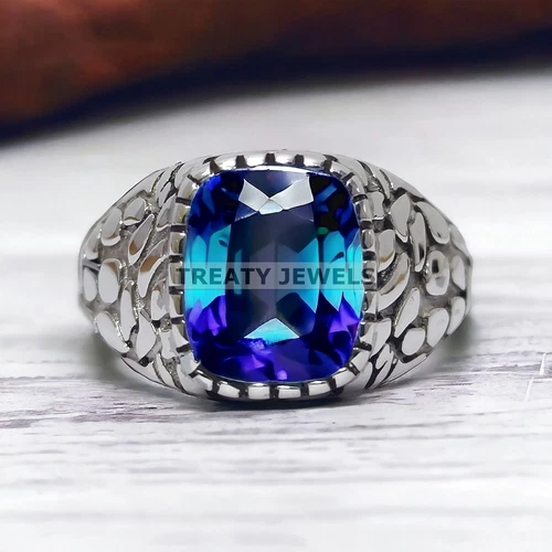 Alexandrite Cushion Cut Gemstone With 14K Solid White Gold Ring For Men's #06