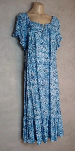 Rockmans Maxi Dress Womens Size 16 Blue Frill Sleeve Boat Neck Tiered Fit Flare - Picture 2 of 9