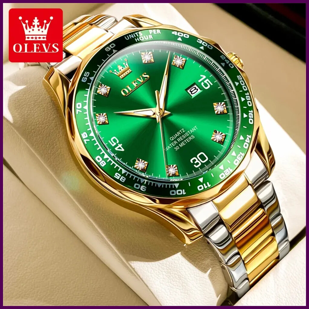 OLEVS Golden Green Quartz Watch for Men Luxury Brand Diving Waterproof Stainless