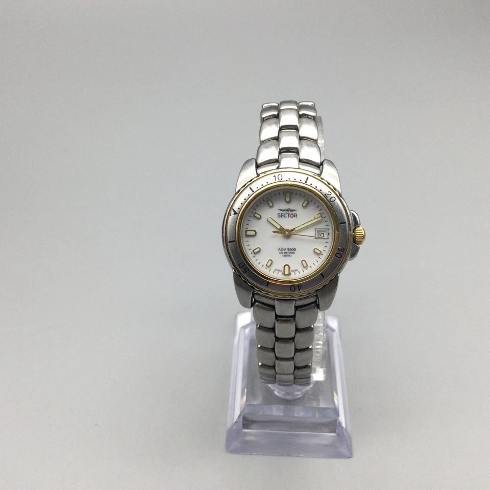Sector No Limits Watch Women Silver Gold Tone Swiss Date 100M New Battery 6.5" - Image 2 of 4