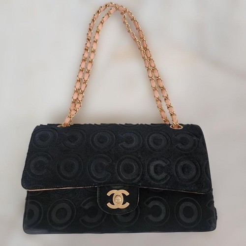 Chanel W Flap Matelasse Crocodile Shoulder Bag Black Gold Chain
