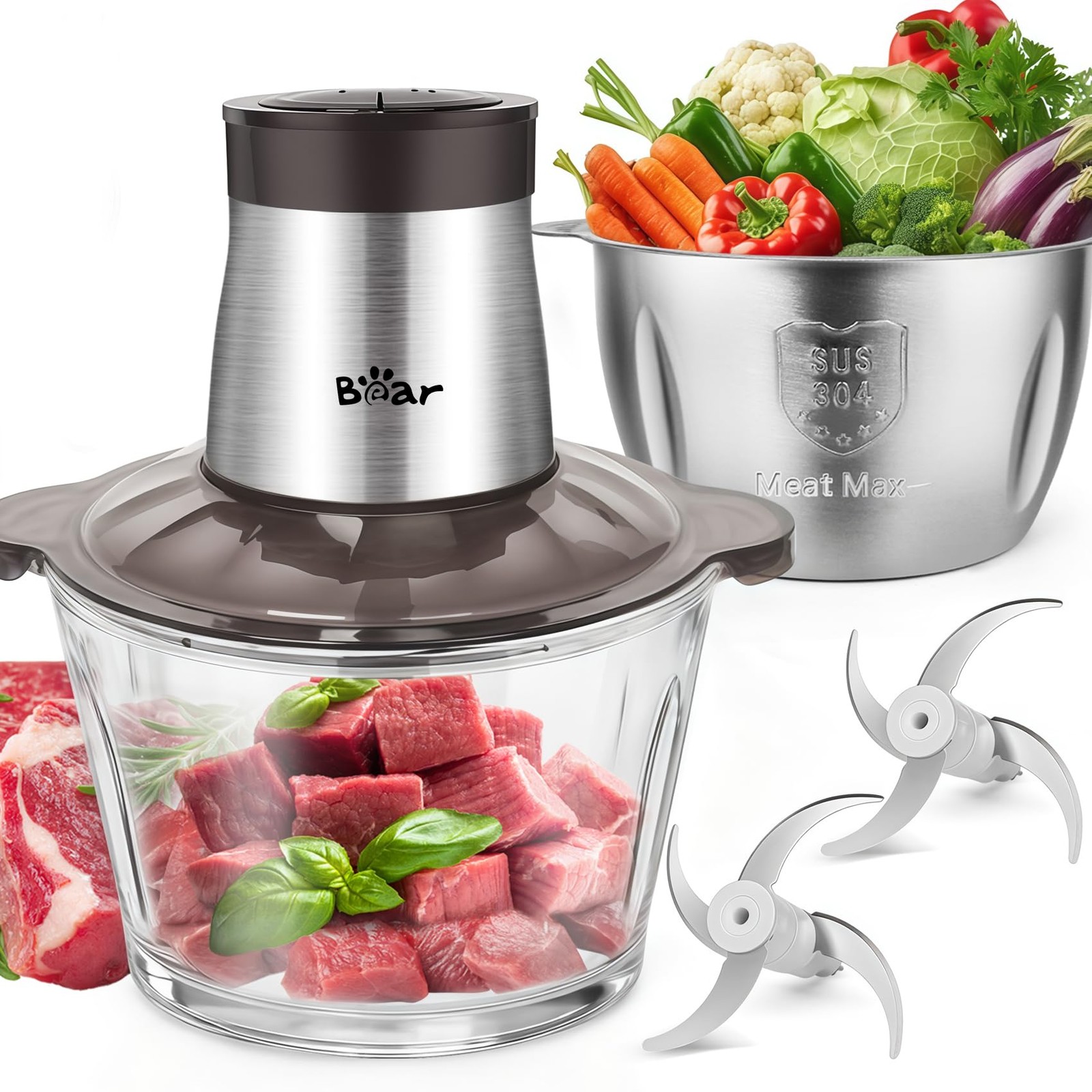 Bear 2L+1.8L 600W Electric Food Processors & Chopper with 2.0L+1.8L, Gray
