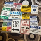 Mixed Vintage Lot Of 35 Safety Sign Hard Plastic, Tin, & Paper - Some Brand New
