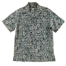 Hawaiian Islands Vintage Mens Medium Green Aloha Tapa Floral Button Up USA Made