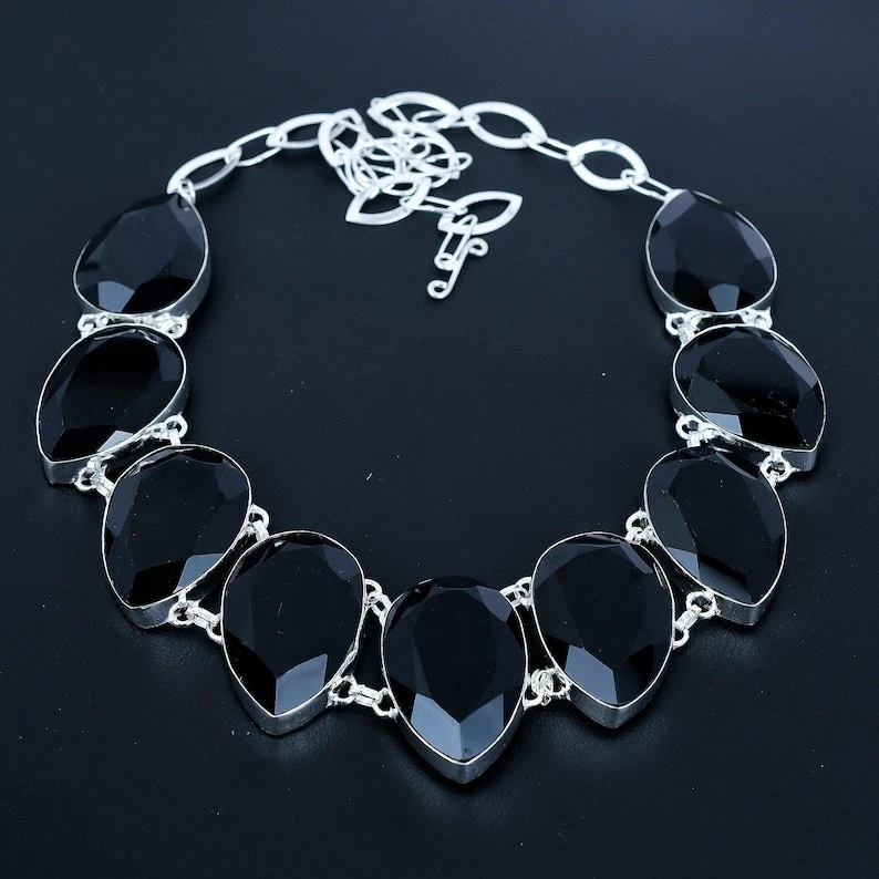 Collar hecho a mano de plata de ley 925 con piedras preciosas de espinela negra facetada joyería 18" Foto 3 de 4