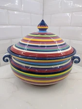 Tabletops Unlimited Havana Soup Tureen Multicolor Stripe Lidded Ceramic Large