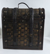 Vintage Woven Wood Treasure Chest Trunk Leath...