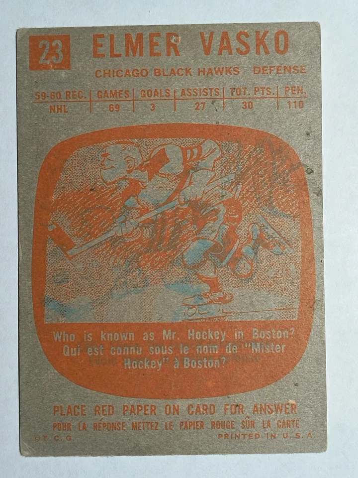 1960-61 Topps #23 Elmer Vasko (VG) - Image 2 of 2