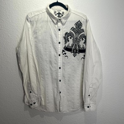 Raw State Shirt Mens Large White Graphic Renegade Goth Fleur de Lis Wings Cross