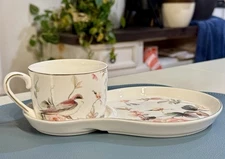 Grace Teaware Fine Porcelain Teacup And Snack Plate Set Floral And Birds - NEW