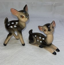 Vtg MCM Ceramic Big Eyed Deer Fawn Figurines Kitschy Cottage Core Porcelain
