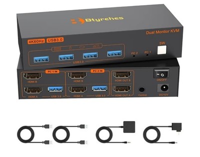 HDMI KVM Switch 2 Monitors 2 Computers 4K60Hz with 4 USB 3.0 Dual Monitor