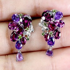 925 Sterling Silver Earrings Round Rhodolite Garnet Tanzanite Gemstone Jewelry