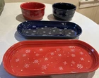 Retired Fiestaware Fiesta Snowflake Lot Scarlet And Cobalt Bread Trays And Bowls