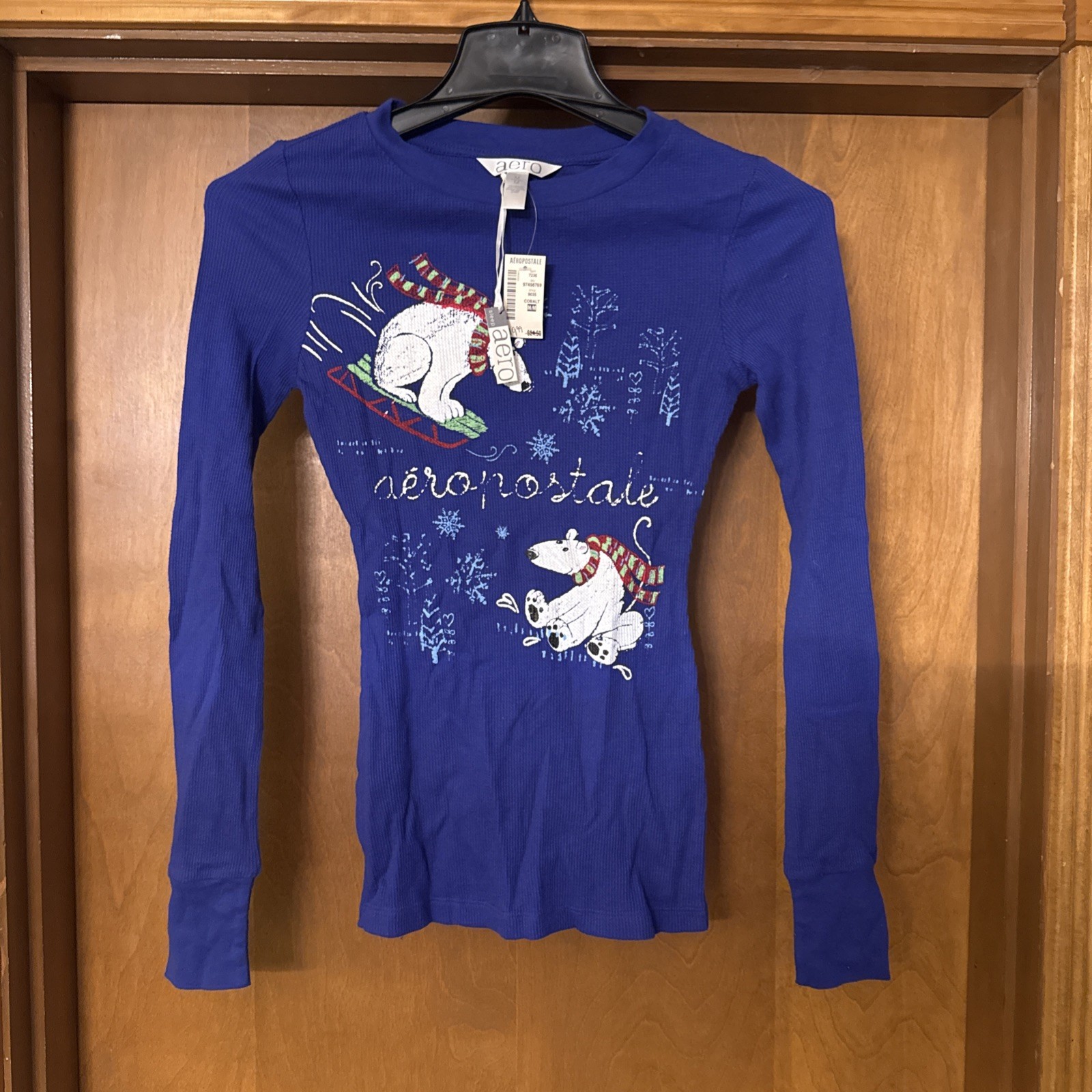 Aeropostale Y2K Blue Polar Bears Long Sleeve Thermal Henley Women's
