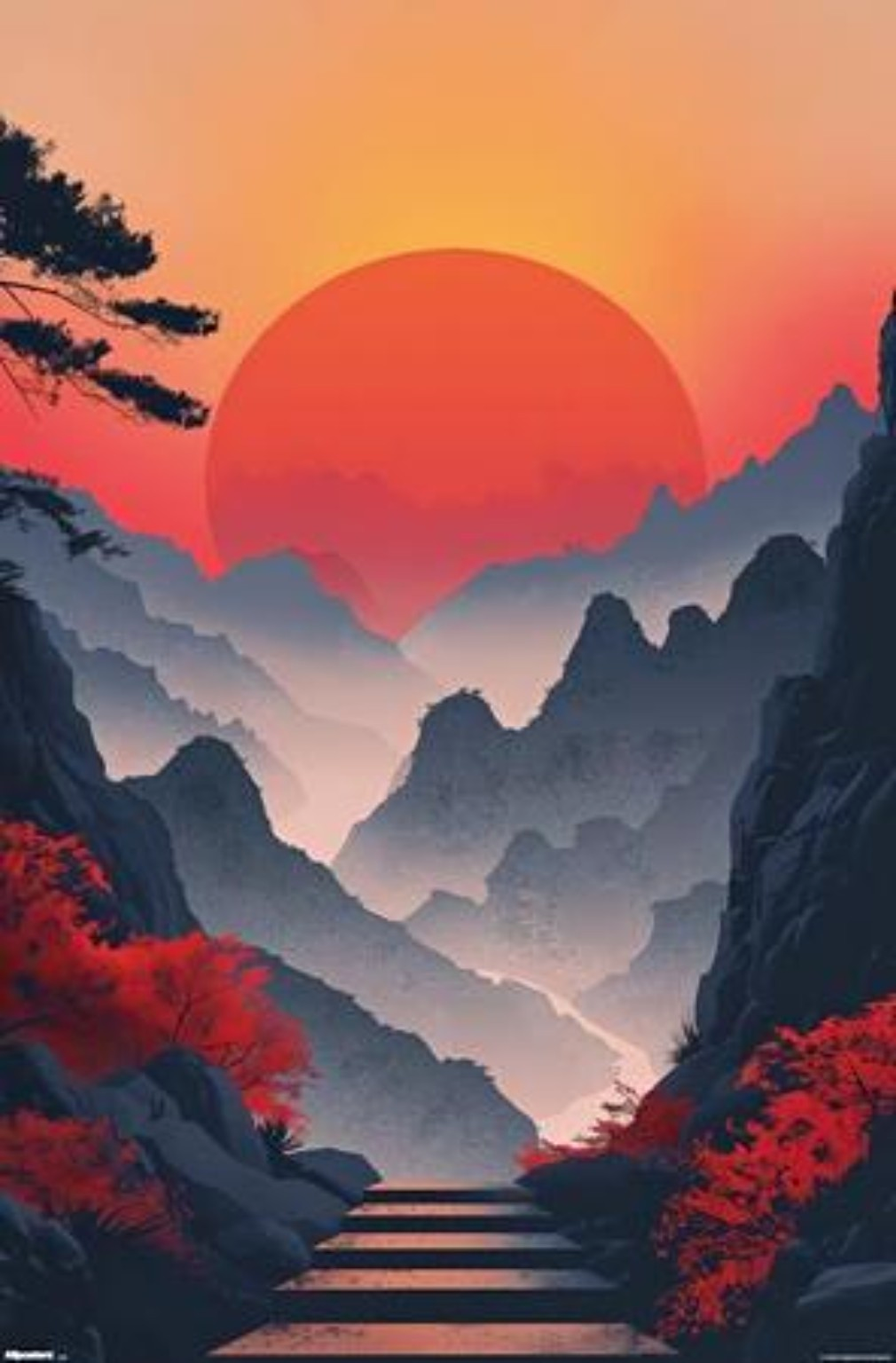 AllPosters Mountain Path Red Sun Asian-Inspired Landscape Poster 22 x 34 Sealed