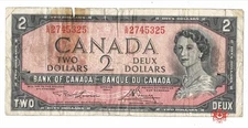 1954 Bank Of Canada $2 Modified Lawson/Bouey Test Note S/R2745325 - VG - Tape