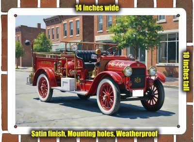 Metal Sign - 1923 REO Speedwagon Fire Engine Oil Painting - 14x10