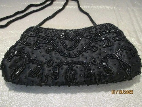 Black Beaded Evening Purse,  Crossbody Bag / Clutch With Attached Mirror
