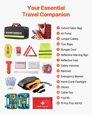 Car Emergency Kit, 2-in-1 First Aid Kit with Jumper Cables, Essential Roadside E