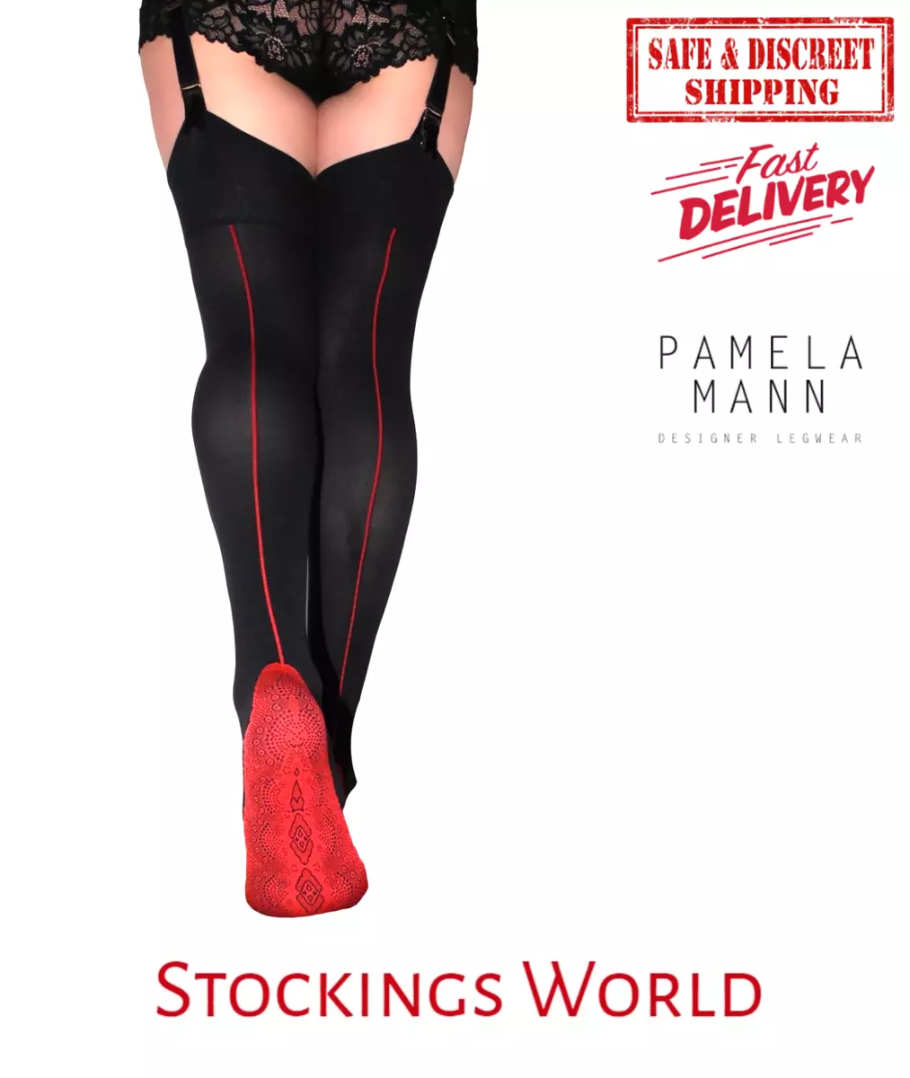 Seamed Stockings Black with Red Seam & Foot Retro PAMELA MANN Boxed NEW RRP  £9