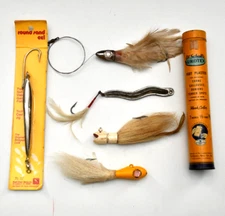 5 Vtg. Saltwater Jigs Pearl Eye Barracuda Smiling Bill St Jude in Dr Scholls Tin