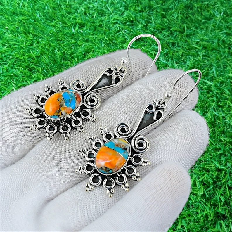 Pendientes hechos a mano de plata de ley 925 con piedras preciosas turquesa ostra Foto 3 de 3