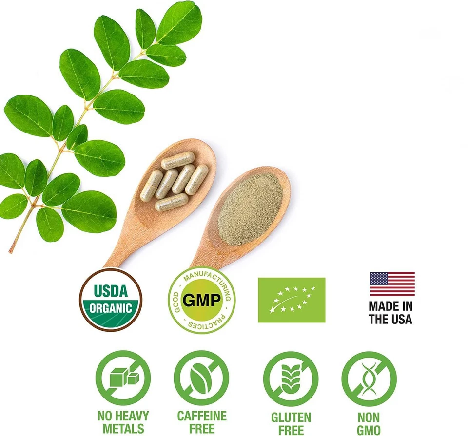 Cápsulas en polvo de hoja de Moringa 100 % cruda y pura SUPREME HERBALS. Certificado orgánico... Foto 4 de 4