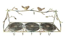 Wrought Iron Bird Branch Wall Hanging Shelf 5 Hooks Patina Plant Rack 18"