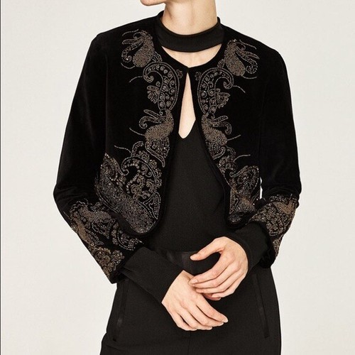 Zara velluto nero ricamato in oro con PERLINE GIACCA Impreziosito Blazer  medio 8 10 | eBay