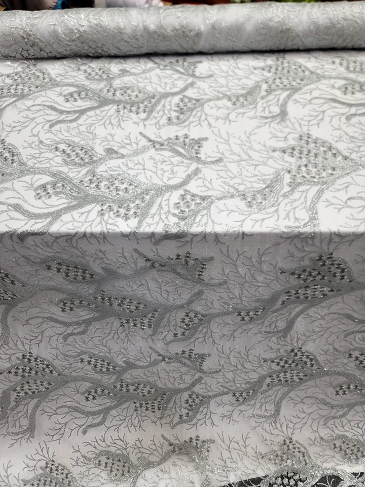 Silver sequin lace floral flowers on embroidered tree fabric sold by the yard - Image 2 of 4